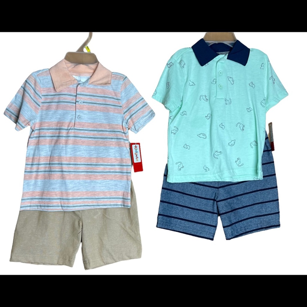 NWT! 2 Kidgets Toddler Short Sets, Striped Polo & All Over Dino | Size 18 Months